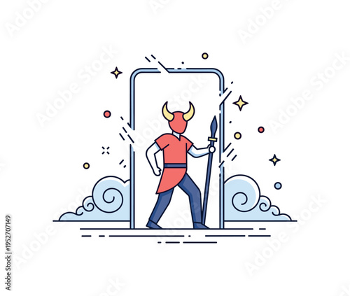 Fantasy villain entrance theme featuring a horned figure stepping through a luminous portal with soft smoke curls surrounding the base. The composition