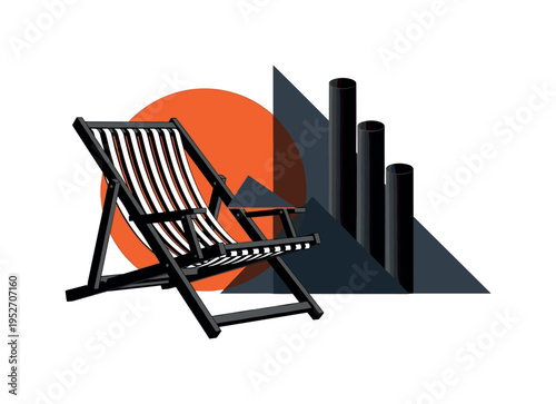 black and white wooden deck chair with visible slats, bold orange circle and black cylindrical shapes layered behind, flat geometric accents symbolizing