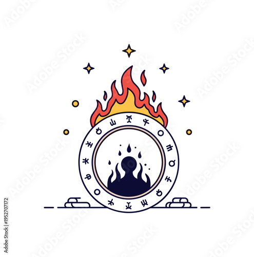 Mystic summoning ritual concept illustrated by a fiery ring inscribed with subtle symbolic marks and a rising dark silhouette at its center. The scene conveys
