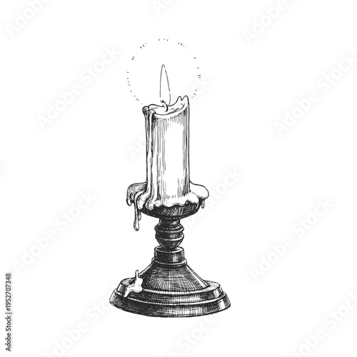 Vintage burning candle in candlestick sketch. Detailed hand drawn candle with melting wax drippings.