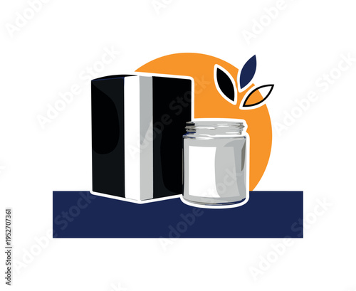 Black and white packaging box beside a handmade candle jar, vibrant amber circle partially hidden behind layered elements, bold navy rectangular