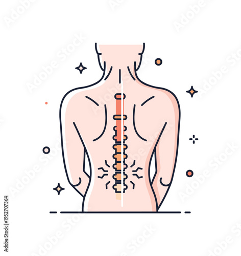 Muscle tension in the spine featuring a simplified back silhouette with highlighted vertical spine line and small stress marks indicating tightness. The