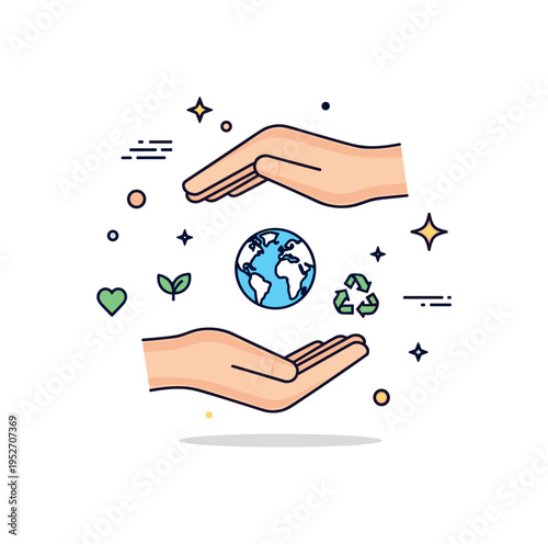 Gentle hands environmental protection concept with soft palms forming a circular shape around a tiny globe silhouette. The scene symbolizes responsibility,