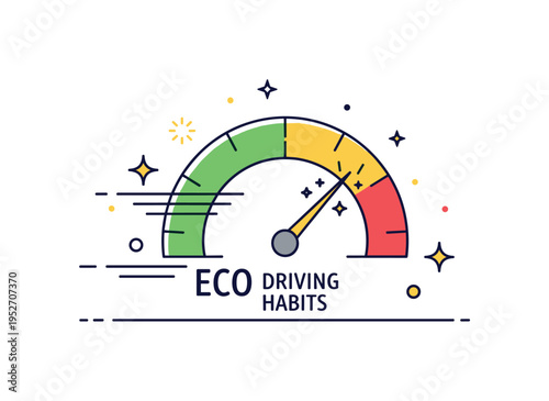 Eco driving habits speedometer dial kept in the optimal green zone with subtle motion lines and tiny spark accents, conveying smooth acceleration and efficient