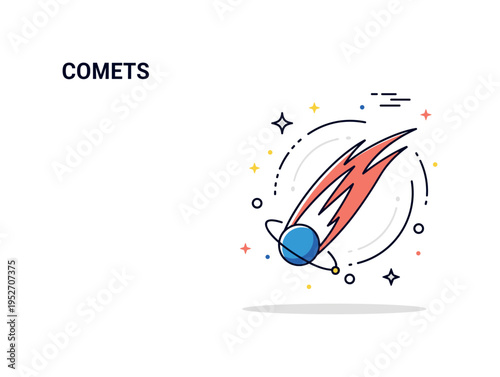 Comets solar system travel illustration featuring a stylized comet curving past a small planet with subtle orbital lines. The scene communicates movement,