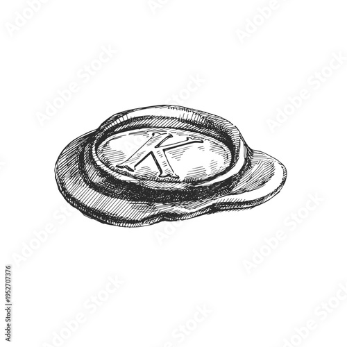 Vector vintage wax seal sketch. Detailed hand drawn antique wax stamp with letter K and heraldic elements. 