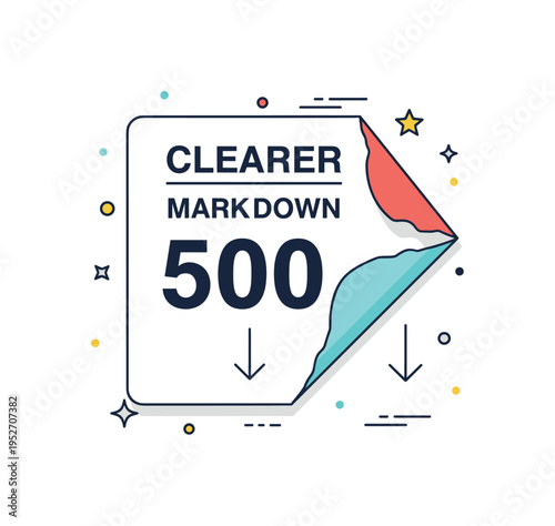 Clearance price sticker torn corner tag with large markdown number and subtle arrow pointing downward, conveying final sale and inventory reduction. Minimalist