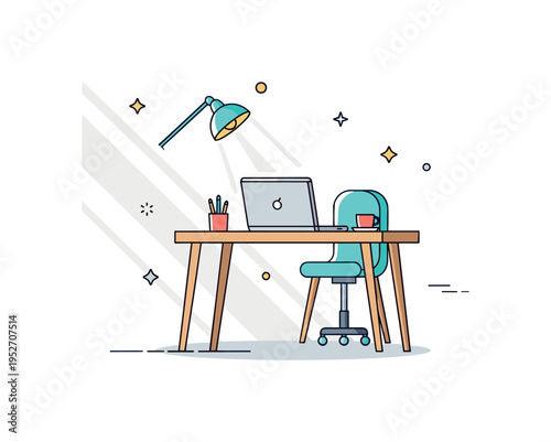 Sunlit workspace with a simple desk and laptop bathed in natural daylight suggesting productivity, clarity, and focused thinking. Soft beams entering from the