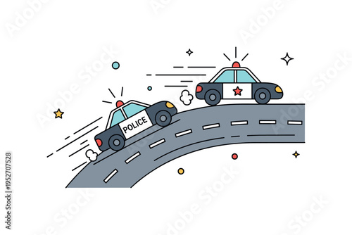 Police chase scene featuring two simplified vehicles on a curved roadway expressing dramatic pursuit and fast paced action. Flashing light accents and trailing