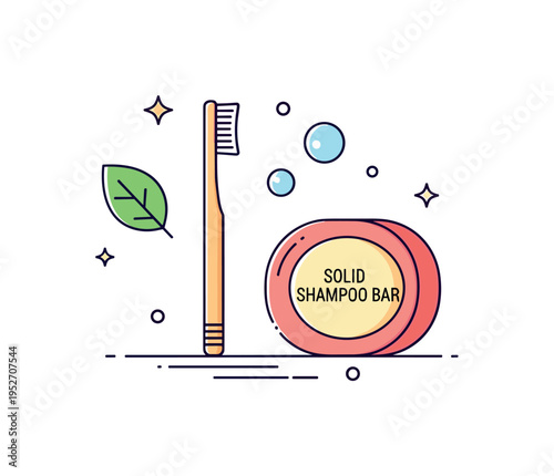Sustainable beauty swaps reusable bamboo toothbrush and solid shampoo bar arranged beside a small leaf icon, expressing simple eco friendly changes in everyday