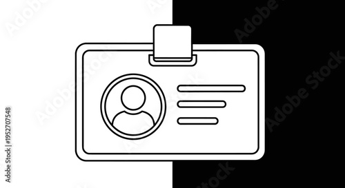 Black and white line art illustration of an identification card or badge with a person icon and text lines, clipped to a holder.