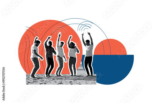 Black and white realistic group of diverse people standing in a circle viewed from above, one central hand pointing inward as guidance, bold blue circular halo