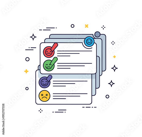 Task emotional tagging color coded workflow theme centered on layered task cards marked with distinct colored circular emotion symbols. A modern editorial