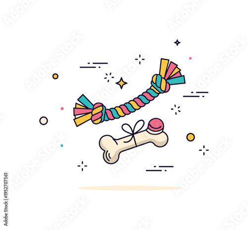 Pet toy gift concept showing a colorful rope toy and chew bone tied with a small ribbon, symbolizing active lifestyle and playful bonding. Minimal motion lines