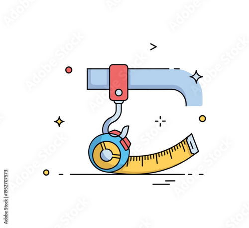 Flexible measuring tape angle scene centered on the hook attached to a curved edge, conveying adaptability, versatility, and problem solving in tight spaces. A