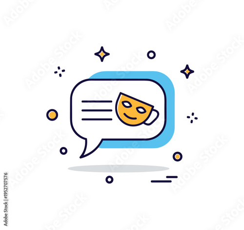 White lie communication theme featuring a small speech bubble with a tiny mask icon partially covering it. The scene communicates mild deception, social