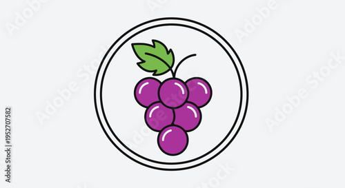 A simple illustration of a bunch of purple grapes with a green leaf, enclosed within a double-lined circular frame on a light background.