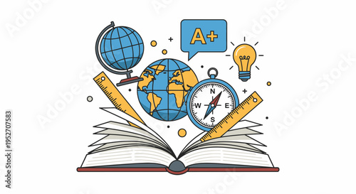 Educational illustration featuring an open book surrounded by globes, compass, rulers, pencil, lightbulb, and an A+ grade symbol, representing learning and knowledge.