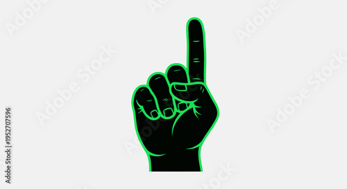A stylized black hand with a glowing green outline, pointing its index finger straight upwards against a plain light background, symbolizing number one or direction.