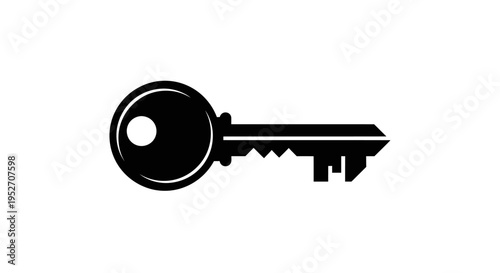 A simple black silhouette of a classic metal key with a round head and jagged teeth, isolated on a clean white background.