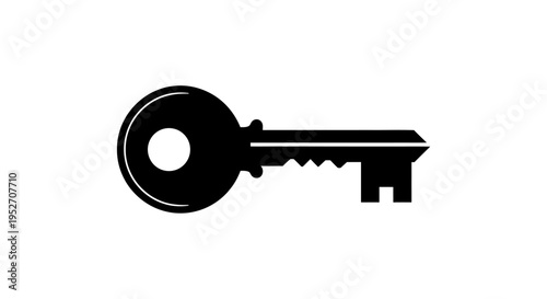 Simple black silhouette of a classic metal key isolated on a clean white background, representing access and security.