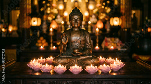 Mahavir Jayanti: Bronze Buddha, Low Light, Sacred Deity, Candles, Lotuses