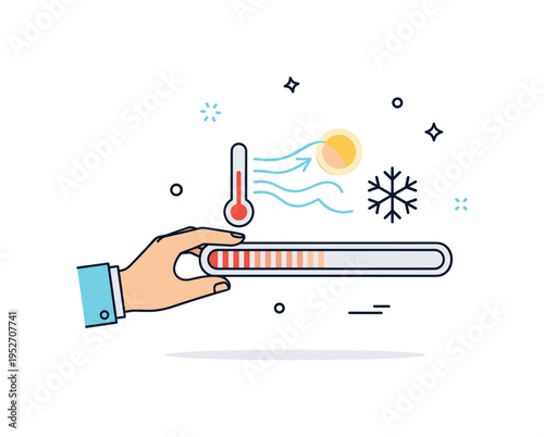 Cooling adjustment for summer comfort shown as a hand sliding a minimal temperature bar toward a snowflake symbol with small sun icon fading in the background.