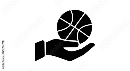 A black silhouette icon depicting an open hand gently holding a basketball, symbolizing sports, play, or the act of giving and receiving in a game.