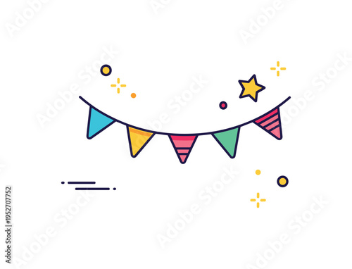 Birthday party decorations badge featuring a string of triangular bunting flags and a small star accent, symbolizing festivity, color, and cheerful ambiance. A