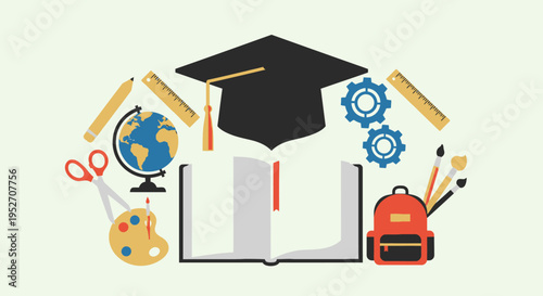 A comprehensive illustration of educational tools and academic symbols, representing learning and knowledge.