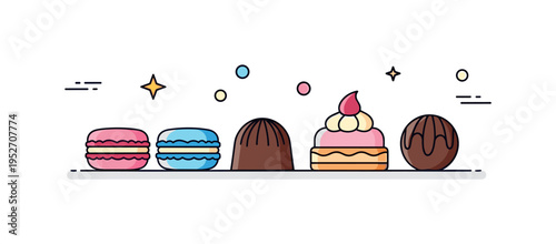 Luxury sweets platter refined composition of macarons, chocolate bonbon and delicate cream pastry arranged with elegant spacing, symbolizing premium