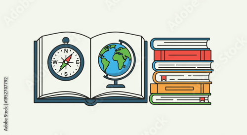 Open Book with Compass, Globe, and Stack of Books for Education, Learning, and Travel Concepts, in Bright Studio