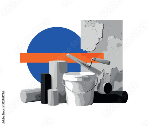 Black and white bucket of plaster placed beside a partially repaired wall, large cobalt blue sun-like circle behind the bucket with orange horizontal bar
