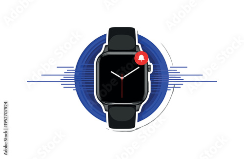 A black-and-white smartwatch enlarged as the central object, bold deep blue circle behind the watch face representing digital interface, thin horizontal lines
