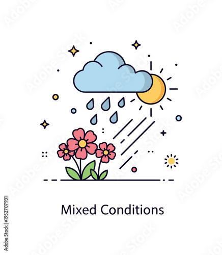 Unpredictable weather spring transition scene shown as blooming flowers under a cloud with scattered raindrops and sunlight rays combined, expressing rapid