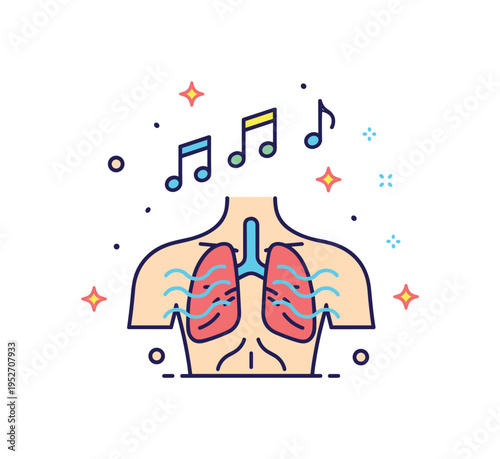 Breath control training concept showing a simplified torso silhouette with gentle airflow lines and musical notes above representing proper breathing technique