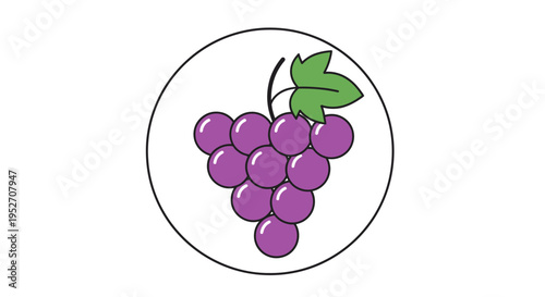 Simple illustration of a bunch of purple grapes with a green leaf and stem inside a white circle.