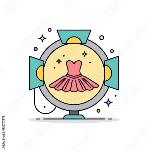 Ballet performance badge with a stylized tutu silhouette framed inside a circular stage light representing elegance and classical art branding. Tiny sparkle