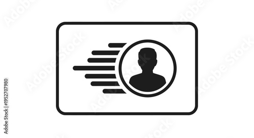 A black and white icon depicting a user profile on a card with speed lines, symbolizing fast identification or quick digital access.