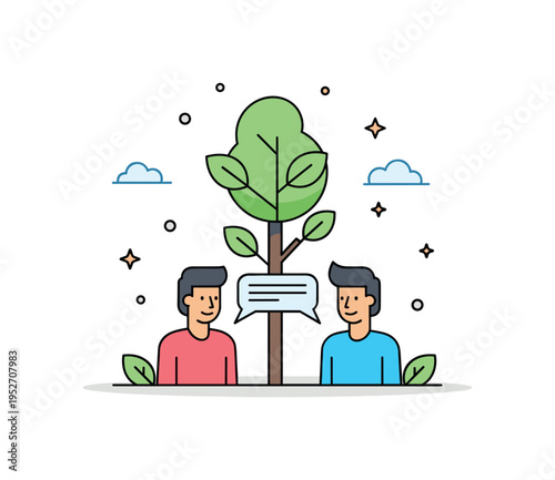 Mentor and mentee discussion under a small tree symbolizing growth nurtured through conversation and patience. Gentle leaf accents reinforce natural