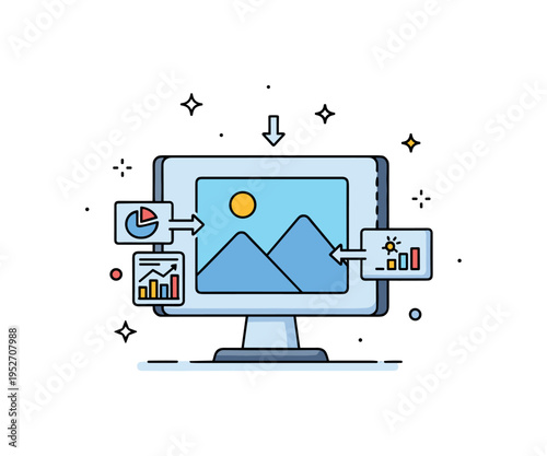 Image analysis software data extraction theme showing a displayed image with small arrows leading to tiny chart icons beside the screen. The compact