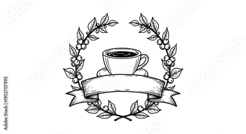 Vintage Coffee Cup Icon with Steam, Laurel Wreath, and Blank Ribbon for Custom Logo Design, Isolated White Background