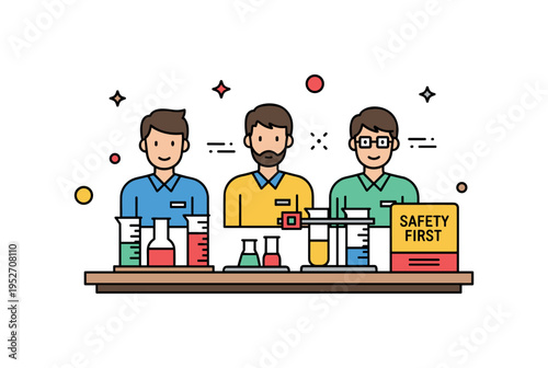 Chemistry lab teamwork centered on a shared workbench with measuring cylinders and a small Safety First label, expressing responsible experimentation and