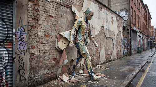 Surreal Street Art Sculpture of Man Emerging from Peeling Brick Wall