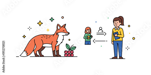 Protecting natural behavior A wild fox confidently standing beside untouched berries while a visitor observes from a respectful distance,