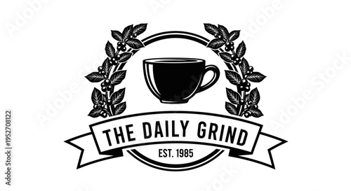 Vintage Coffee Cup Logo with Laurel Wreath and 'THE DAILY GRIND' Text, Isolated White Background