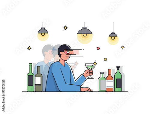 Person at a bar with blurred vision seated figure holding a cocktail glass while surrounding bottles and lights appear softly doubled and slightly distorted,