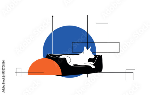 Black and white modern pet bed with a relaxed dog silhouette resting inside, bold blue circular halo behind the bed and bright orange semicircle anchoring the