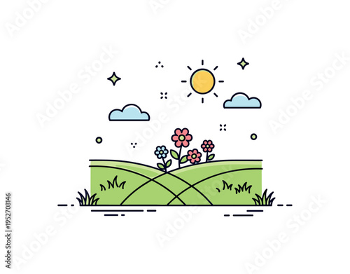 Spring meadow landscape gentle rolling hill with a small cluster of flowers and a clear sky sun above, conveying freshness, renewal, and open natural space.