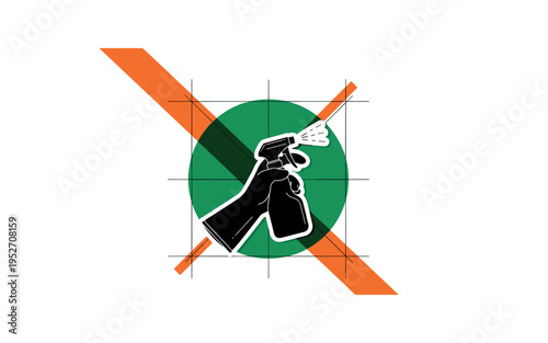Realistic black and white gloved hand holding a spray bottle silhouette, strong emerald green circle backdrop, sharp orange diagonal bar intersecting layout,